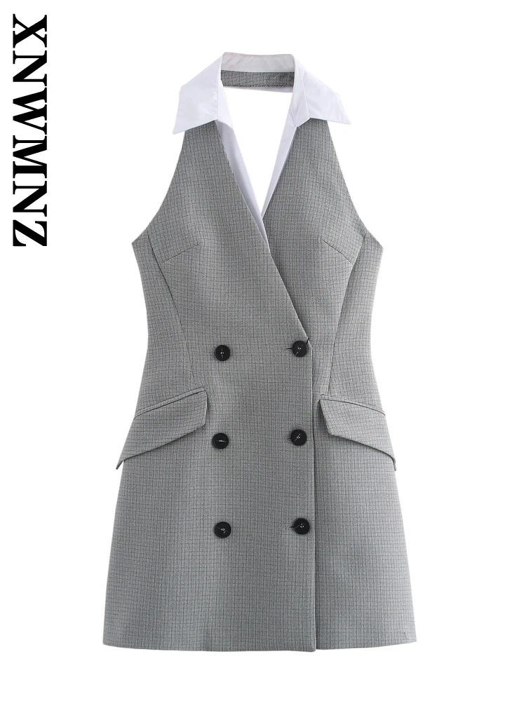 XNWMNZ 2024 Summer Woman Casual VCollar Sleeveless Dress A-lineskirt Female Fashion Halter Collar Double-breasted Top Mini Skirt