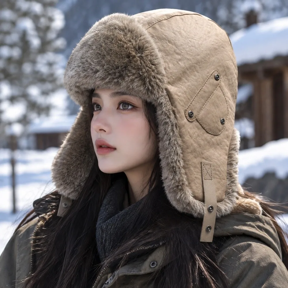Neutral Vintage Pu Leather Pilot Hat Plush Side Rivets Winter Ski Cap Thicked Warm Ear Protection Hat Skiing