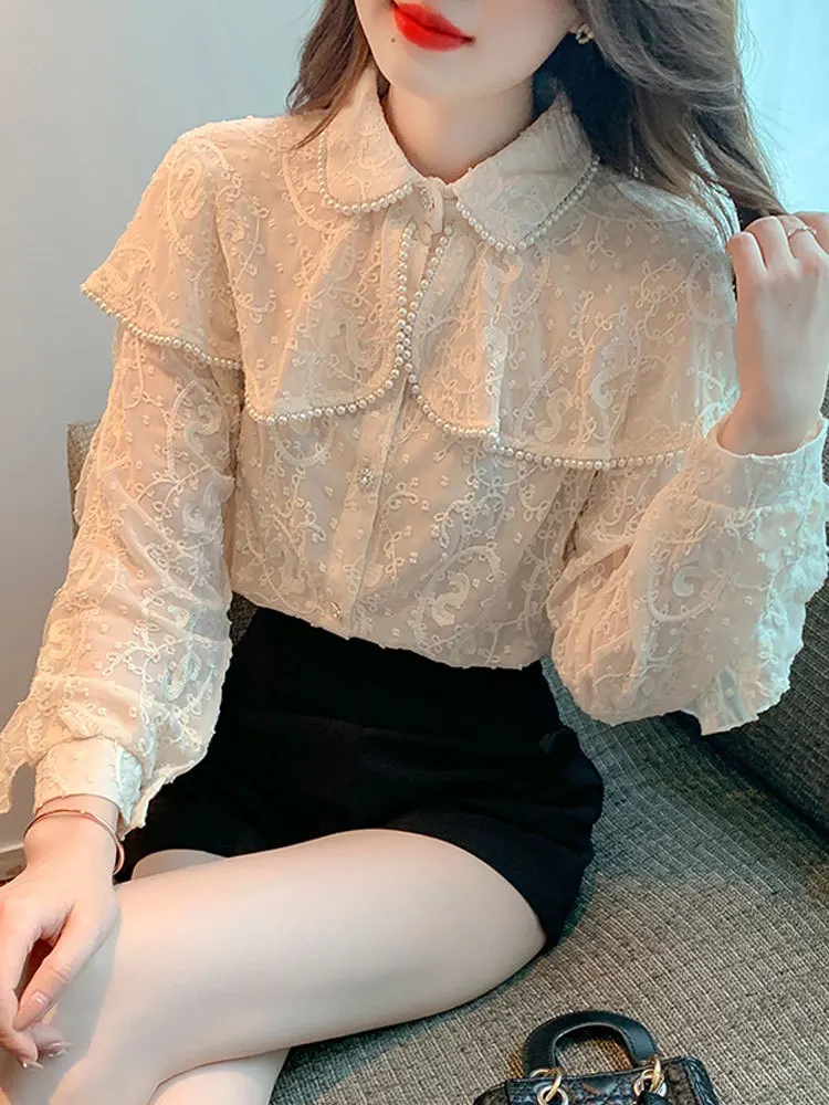 Chiffon Blouses Long Sleeve Beading Women Tops Casual lace Office Lady Women Clothing5