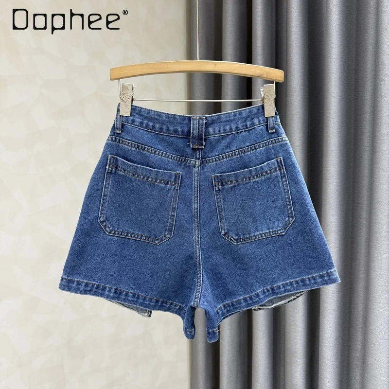 2025 Summer New Retro High-waisted Denim Shorts Women Fashion Solid Color Versatile Loose Wide-leg Pants Casual Jeans Pants