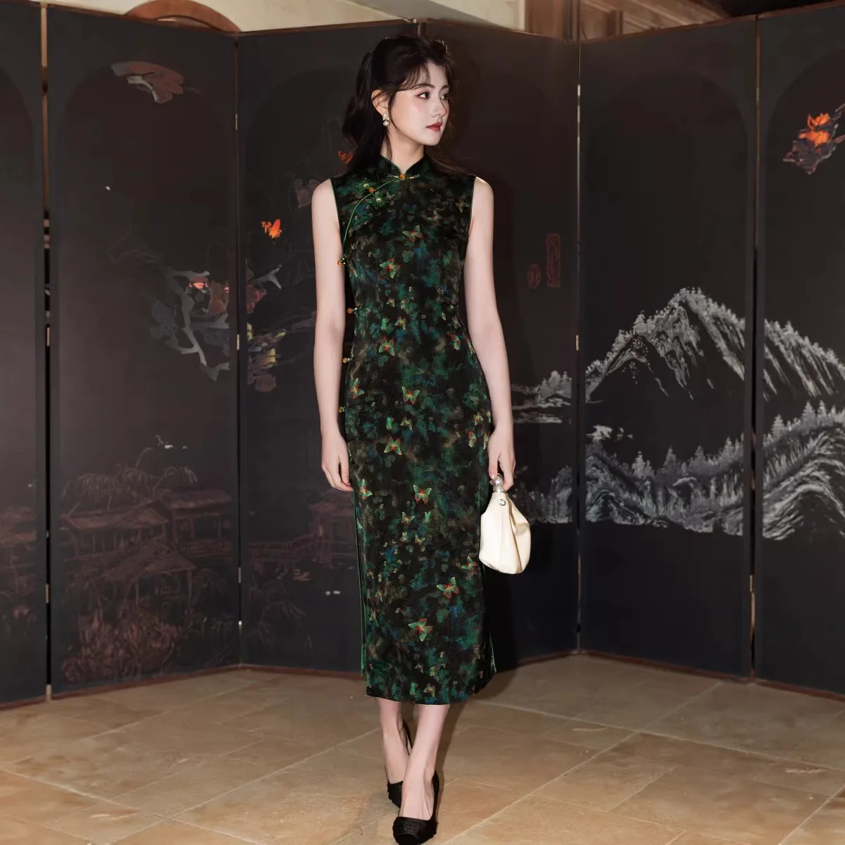 

Butterfly Print Traditional Chinese Women's Sleeveless Green Cheongsam 2026 Spring/summer Retro Cheongsam Dress Qipao