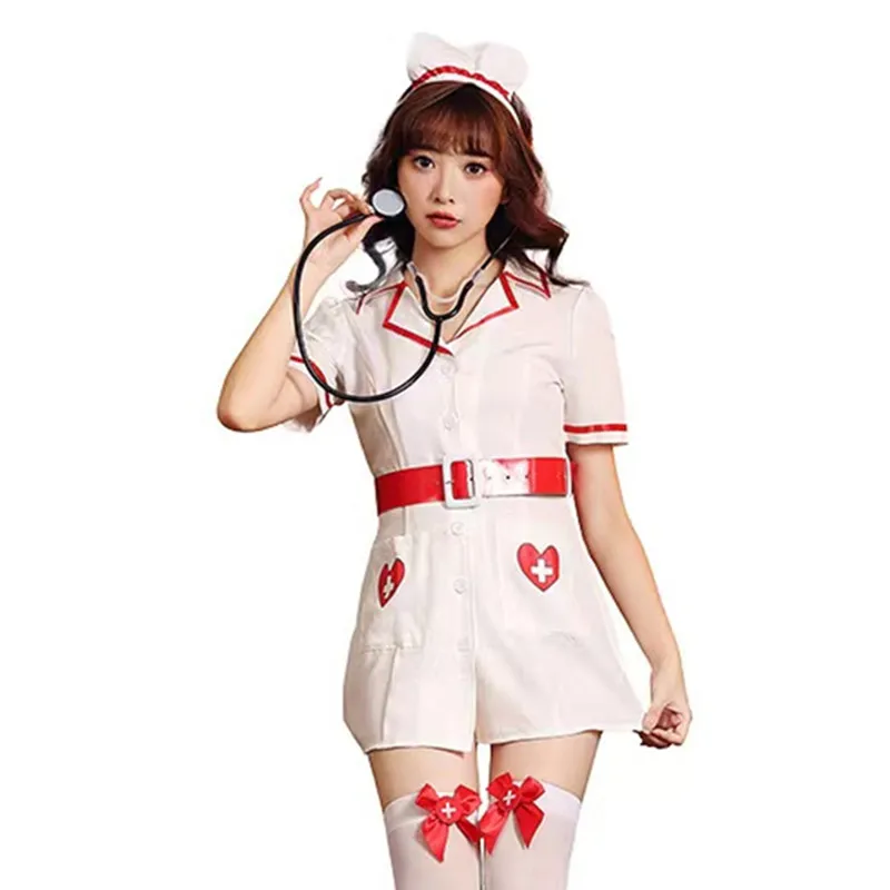 

Red Heart Print Women Doctor Cosplay Female Halloween Nurse Costumes Carnival Purim Parade Professional Role Playing Party Dress