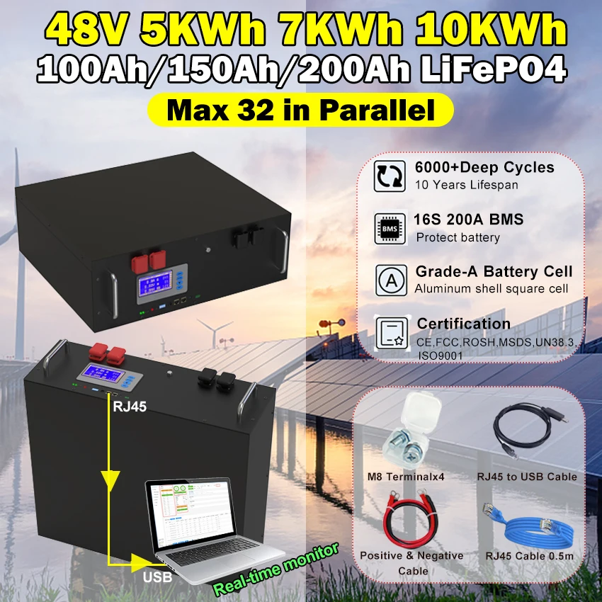 

48V 200Ah 150Ah 100Ah LiFePO4 Battery Pack 51.2V 10KWh 100% Capacity with RS485 CAN for Energy Storage Backup Power