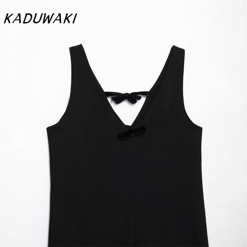 KADUWAKI French Black Mini Gowns Women Dresses V Neck Velour Bow Summer Dress Fashion Elegant Sleeveless Backless Female Summer