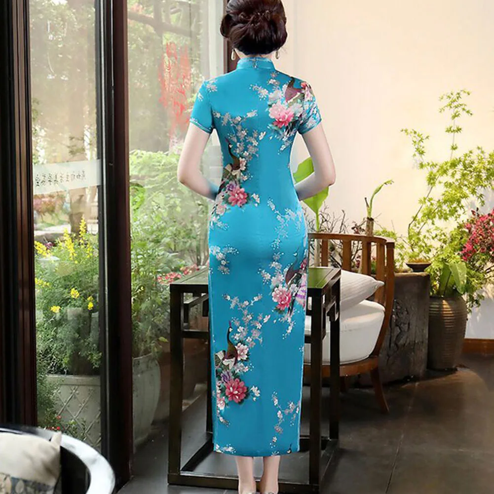 

Длинное женское платье Cheongsam в китайском стиле с коротким рукавом для новогодних мероприятий и вечеринок синего, черного, королевского синего, фиолетового цвета, S-3XL