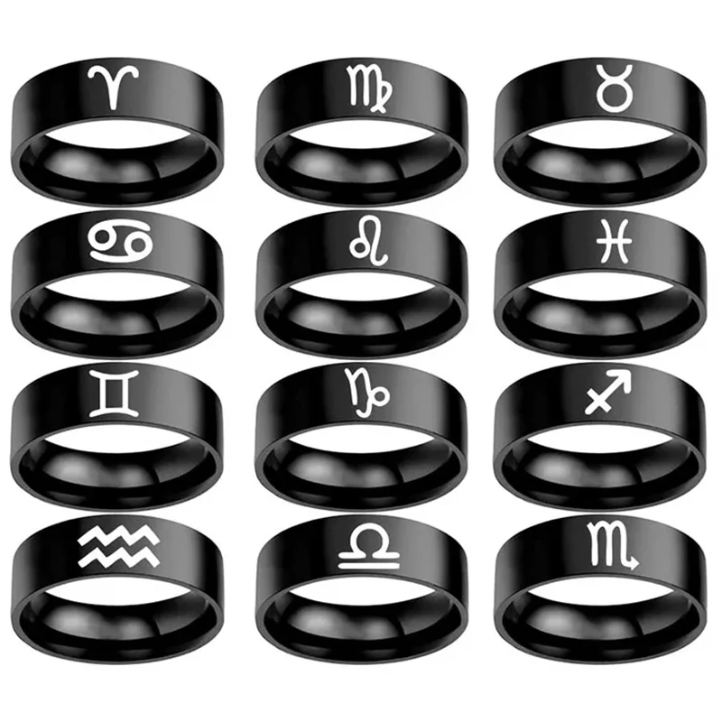 Stainless Steel Twelve Constellation Rings Old English 12 Horoscope Zodiac Sign Rings For Women Men Fashion Jewelry Accessories