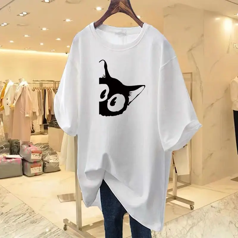 Women's Cat Cartoon O-neck T-shirt, Basics Casual Loose Tops, Pure Cotton, Top, Summer Chic Street Fashion, Pullover