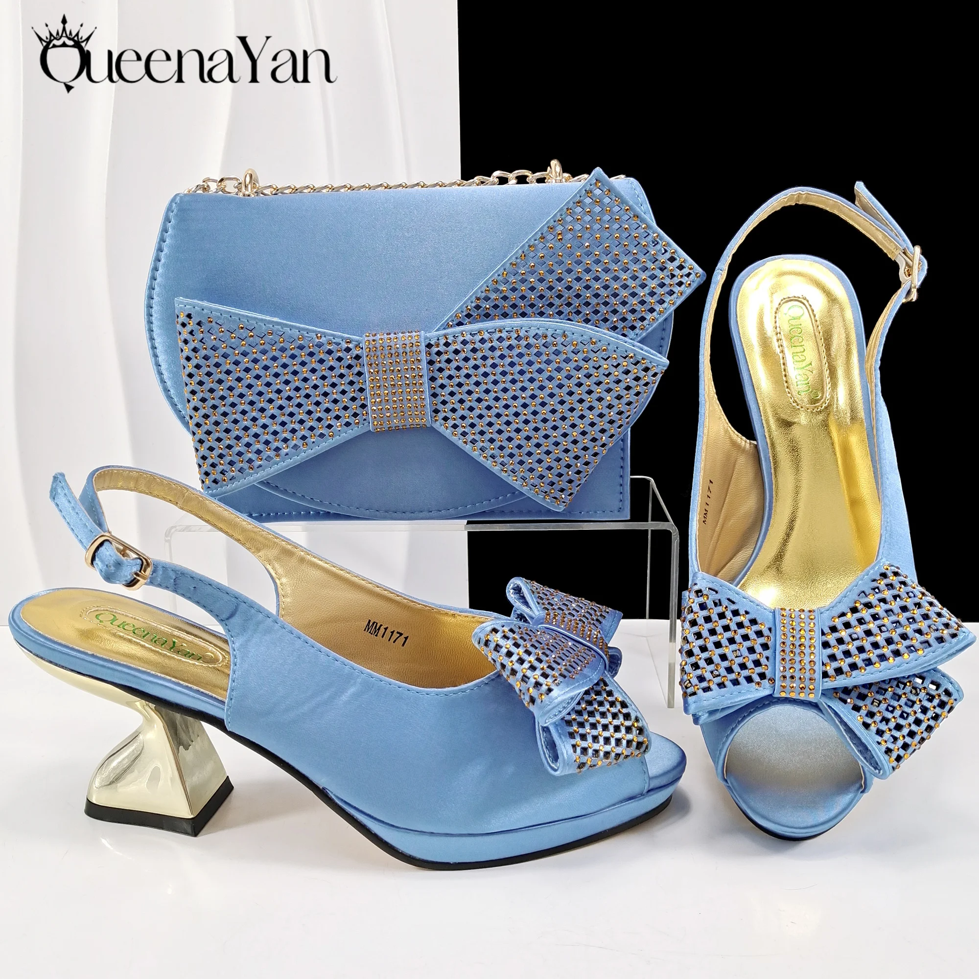 

2025 New Rhinestone Design African Shoes & Bag Set Sky Blue Open Toe Comfortable Women's High Heels Hot Sale For Party