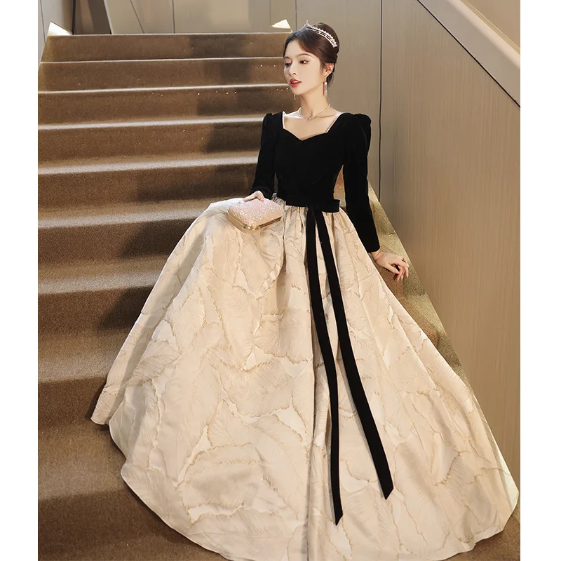 Evening Dress Annual Meeting Velvet Black Long Sleeve Summer Annual Meeting Vocal Art Test Dress