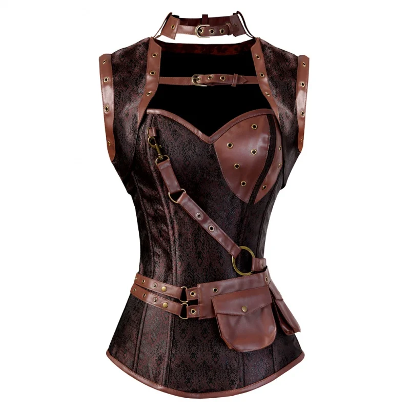 Steampunk Vintage Corset Gothic Clothing Corsets for Women Brown Overbust  Top with Zipper Plus Size Retro Faux Leather Korset