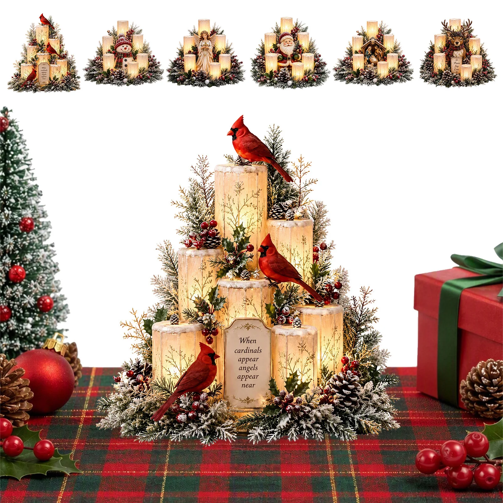 Christmas Cardinal Lighted Candle Centerpiece Holiday Table Decor Flameless Warm Glow Holly Berries 27x24x18cm PVC