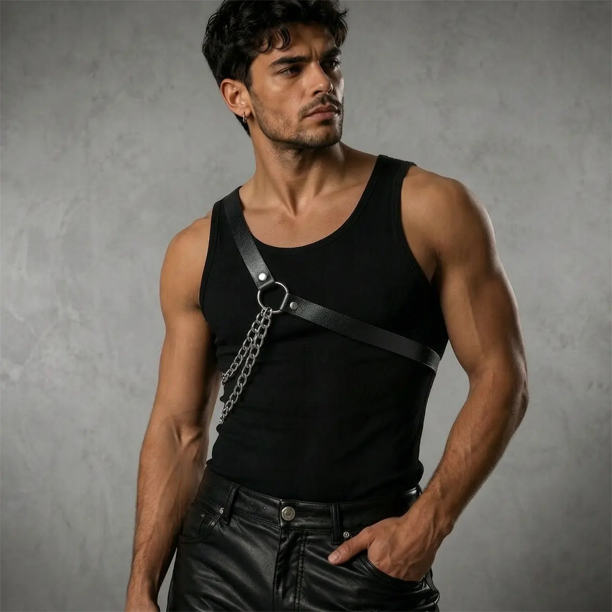 Mens PU Leather Chest Harness Adjustable Shoulder Strap Accessory Edgy Alternative Fashion Gothic Style Festival Party Wear