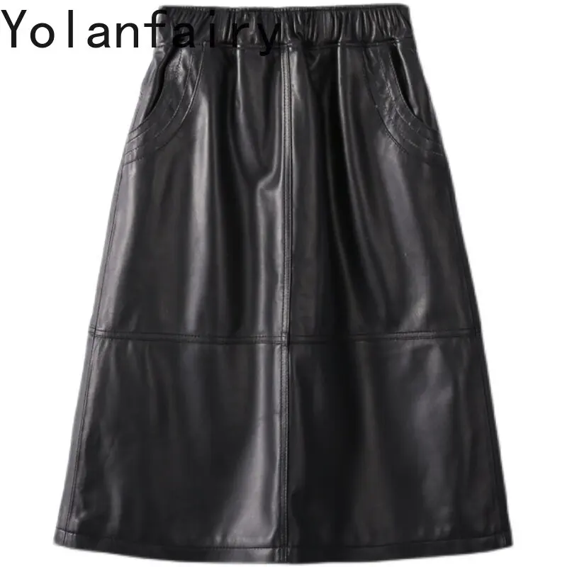 YOLANFAIRY Genuine Sheepskin Midi Skirts Woman 2026 Autumn Elastic High Waist Real Leather Skirt Women Korean A Line Black Skirt