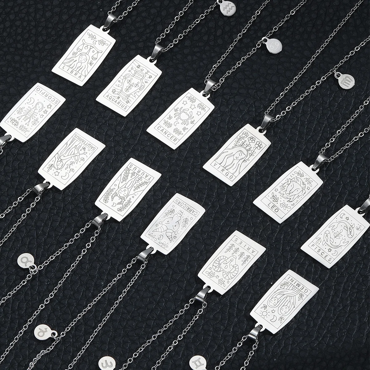 Engraved 12 Constellations Square Pendant Necklaces for Women Silver Color Horoscope Clavicle Chain Choker Necklace Birhday Gift