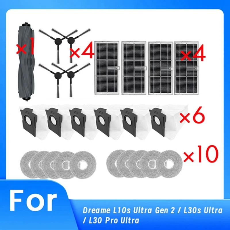 

A27F-25 Pcs For Dreame L10s Ultra Gen 2 / L30s Ultra / L30 Pro Ultra Robot Vacuum Main Side Brush Mop Filter Dust Bags