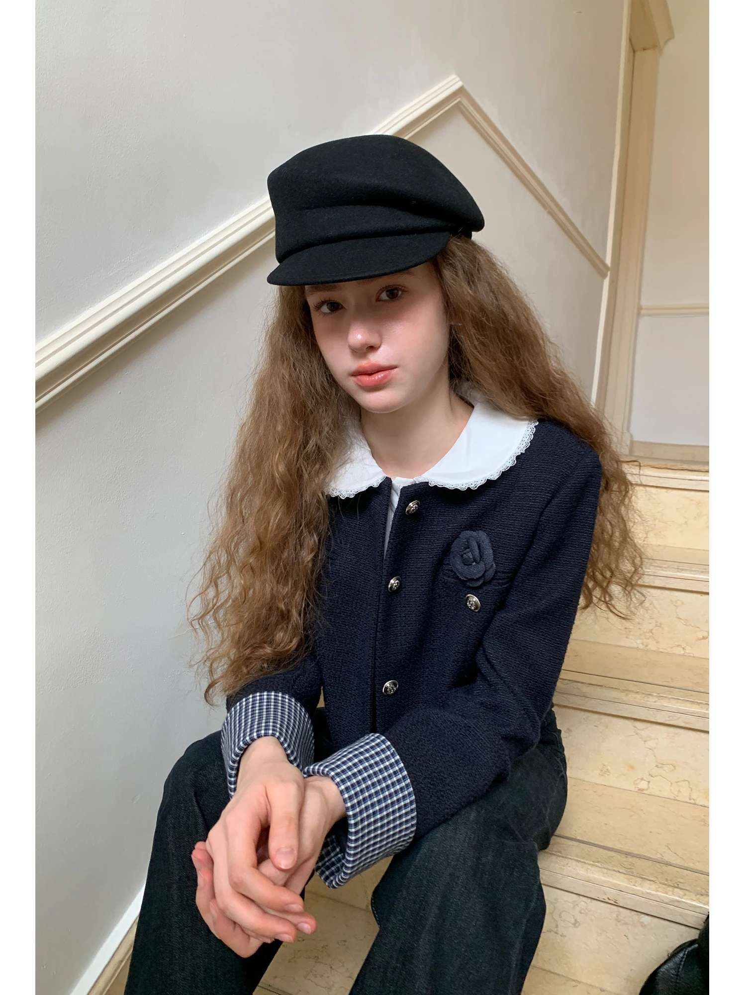 

Blue Plaid Short Coat EGGKA French Style round Neck Cuffed Sleeve Ladies Fashion Casual Polyester Fiber Straight Hem Jacket