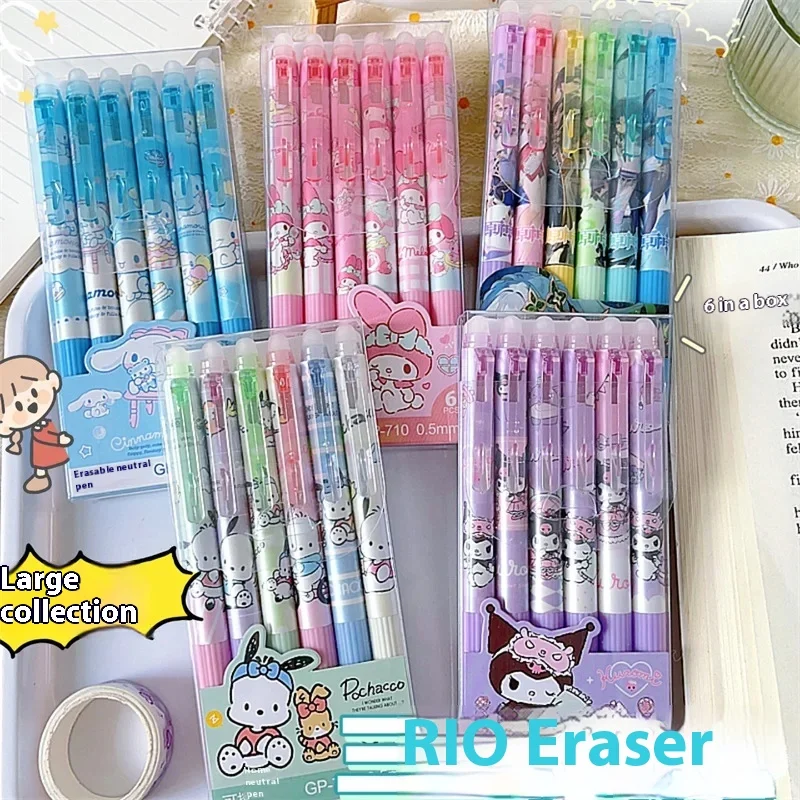 

6 Pieces/Box Sanrio Erasable Neutral Gel Pens Primary School Cute High Appearance 0.5mm Crystal Blue Erasable St Head School