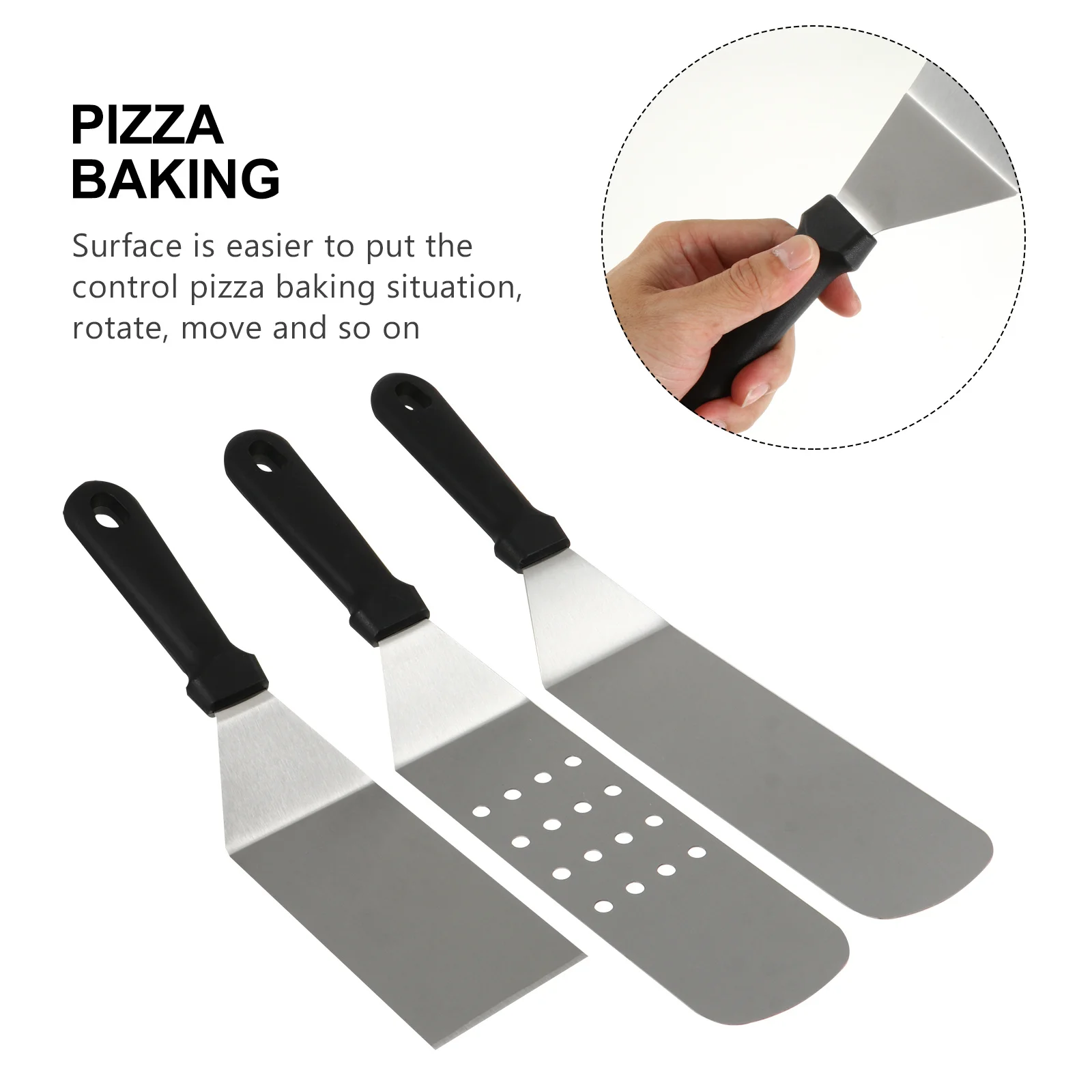 

3pcs Stainless Steel Shovel Set Perforated Pizza Turning Peel For Baking Pizzas Cakes Pancakes Pizza Spatula Server Baking