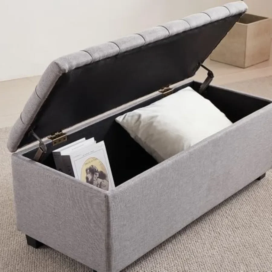 38 Inch Large Soft Gray Fabric Storage Chest for Living Room Use, Polyester Fabric, Gray, Hinged Lid with Feet Rest for Comfort