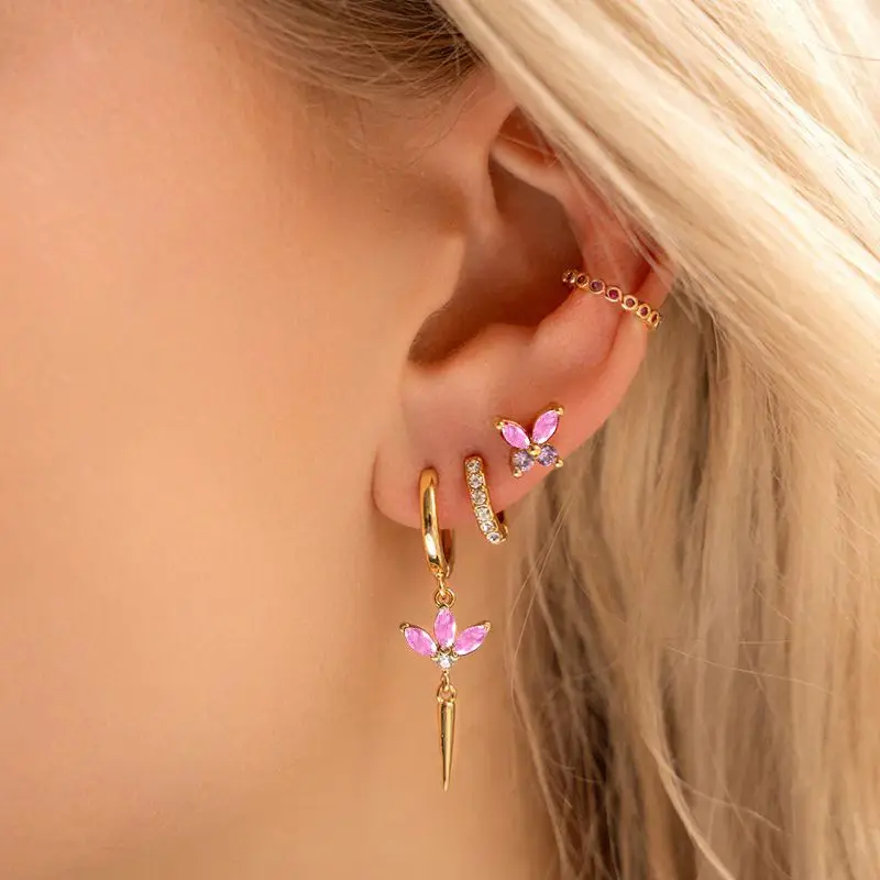 925 Sterling Silver Needle Pink Crystal Heart Hoop Earrings for Women Fashion Geometric Pendant Earrings Luxury Jewelry Gifts