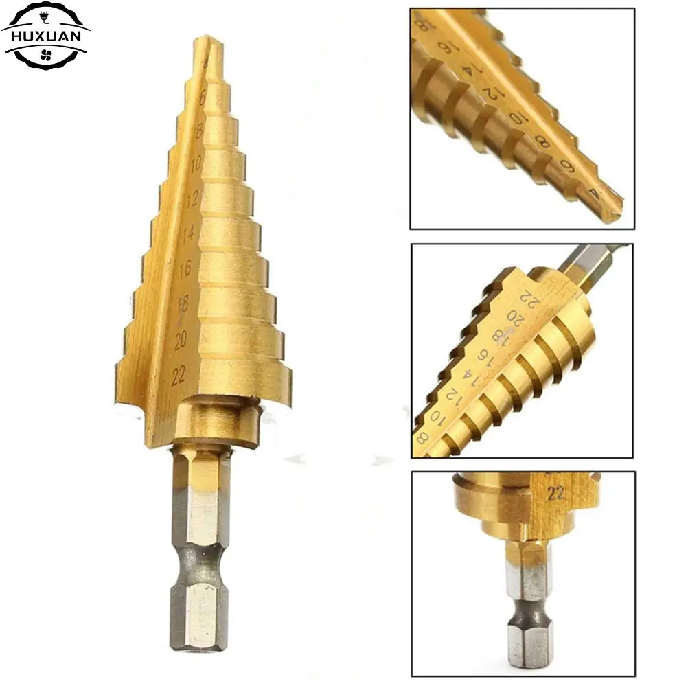 1Pcs Durable 4-22MM HSS Hex Titanium Coated Step Cone Drill Bit Power Tool for Woodworking Hole Cutter