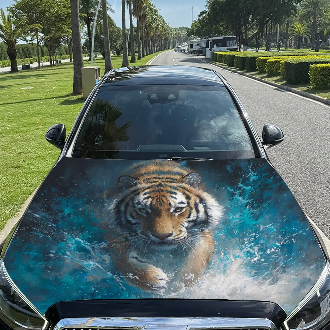 Car Decals A Tiger With Vivid And Aquatic - Themed Charm In A Dynamic Scene Car Hood Sticker, Waterproof Self - Adhesive Vinyl G