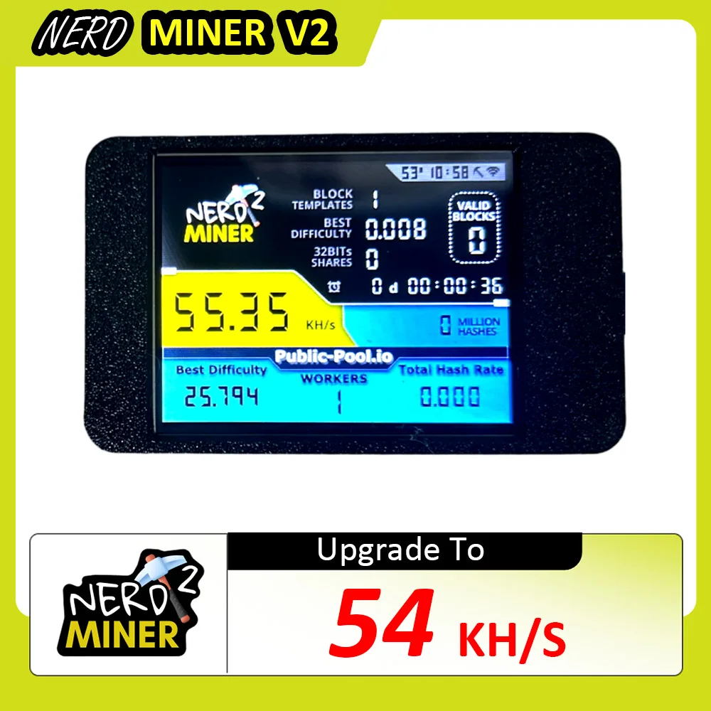 NerdMiner V2 Hashrate, Smart Display, Crypto Solo, Lottery, Nerd Miner, Bitcoin Miner ESP32-2432S028R, 54 k/S, 2.8 inch