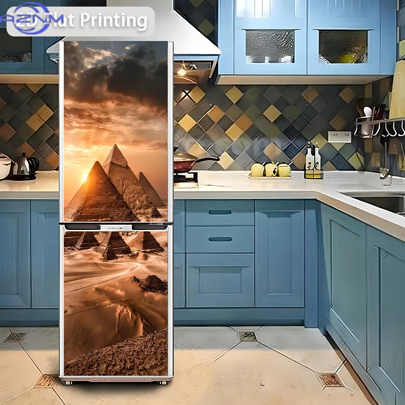 1pc 2D Flat Design Refrigerator Sticker,Giza Pyramids at Sunset, Self-Adhesive Wall Decal Wallpaper, Suitabl
