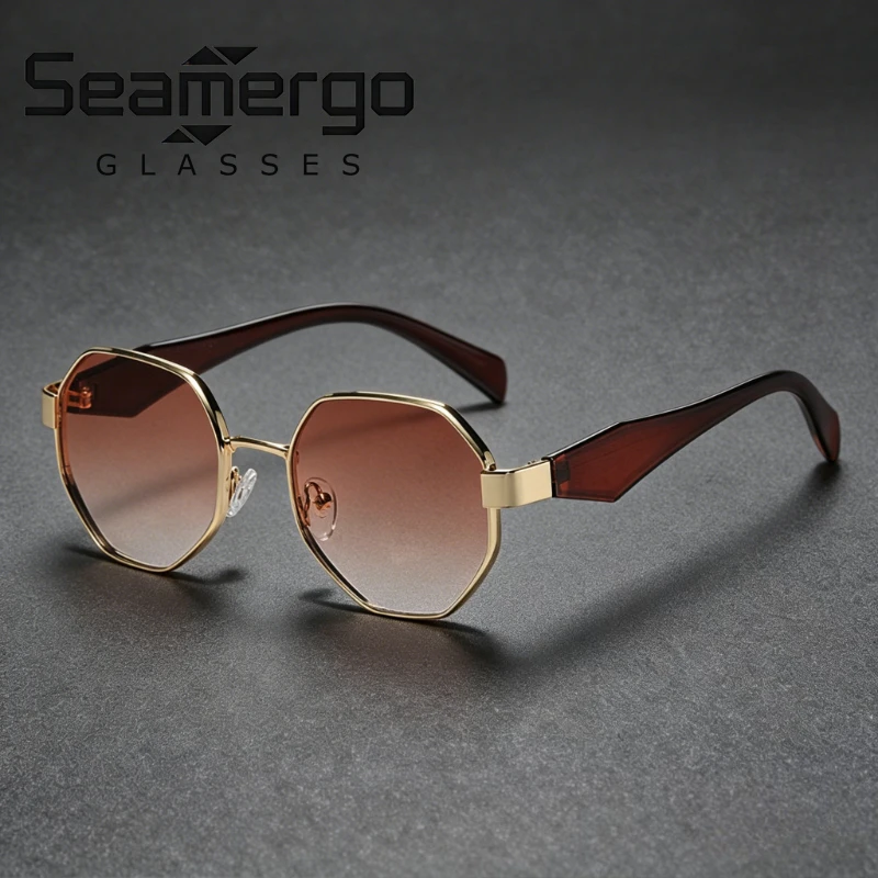 SEAMERGO Polygonförmige Metall-Retro-Rundsonnenbrille für Damen, Luxuriös, Modisch und Vielseitig für Straßenfotografie