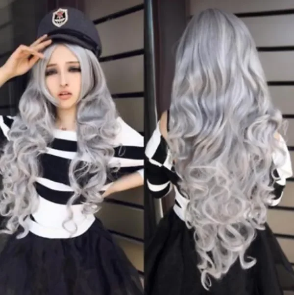 Fashion Women Stone gray Long Curly Wavy Hair Full Cosplay Lolita Party Wig