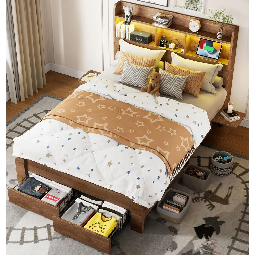 

Size Bed Frame with 2Tier Storage Headboard, LED Lights, Charging Station, 2 Drawers, 800lbs Capacity, Wood amp Metal Platform,