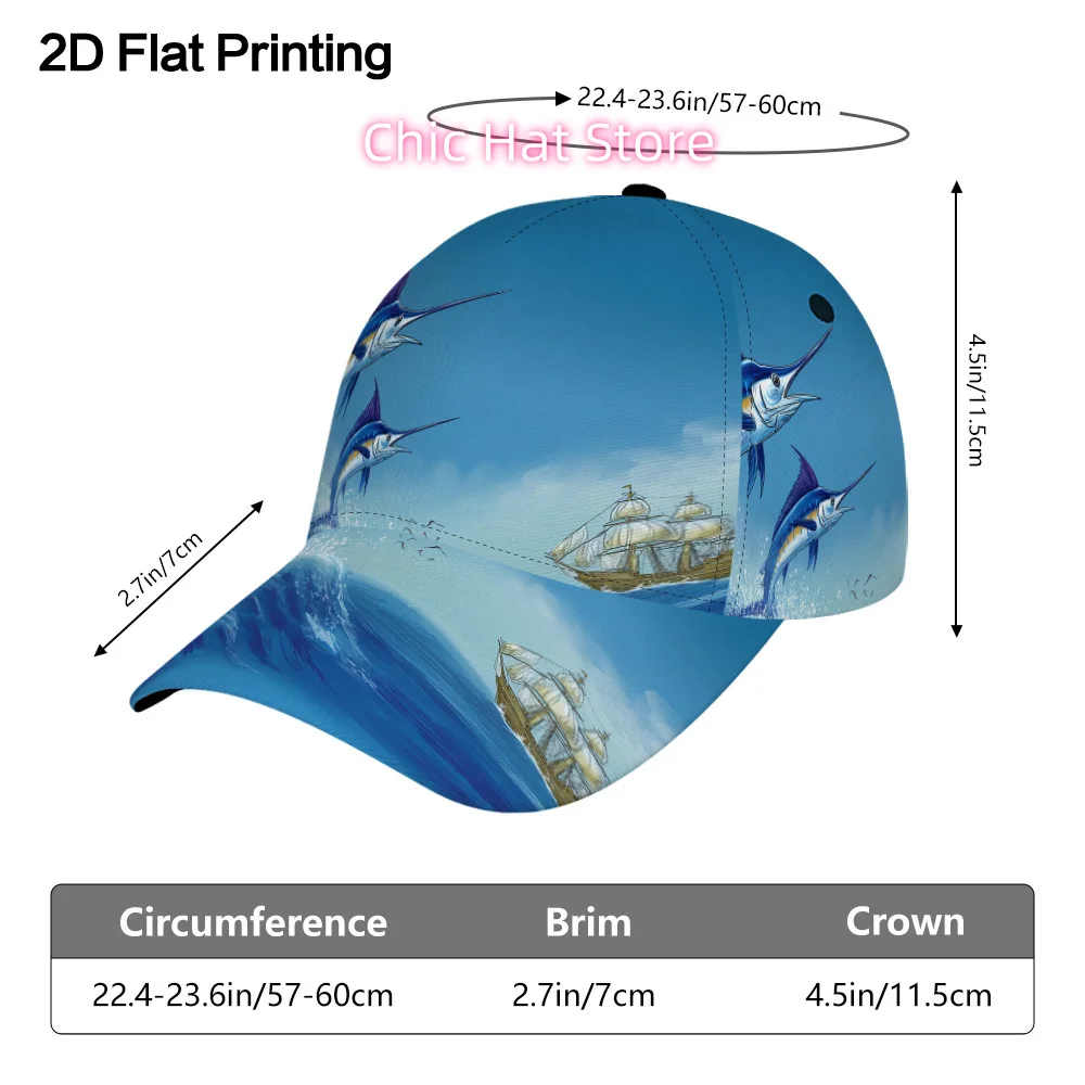 2D Flat-1pc Swordfish Jumping Over Waves Printed Duckbill Cap, Non-Stretch, Lightweight Casual Style, Universal Baseball Cap for