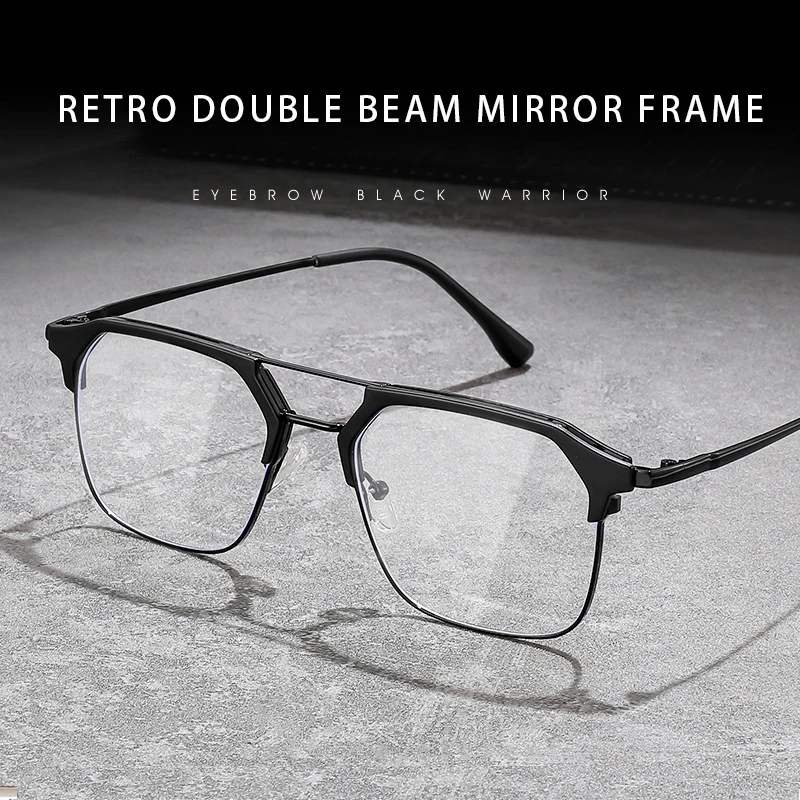 HONGMEI Retro black frame double beam eyeglass frame for men's STEM men's half frame anti blue light flat mirror Opticframe 2295