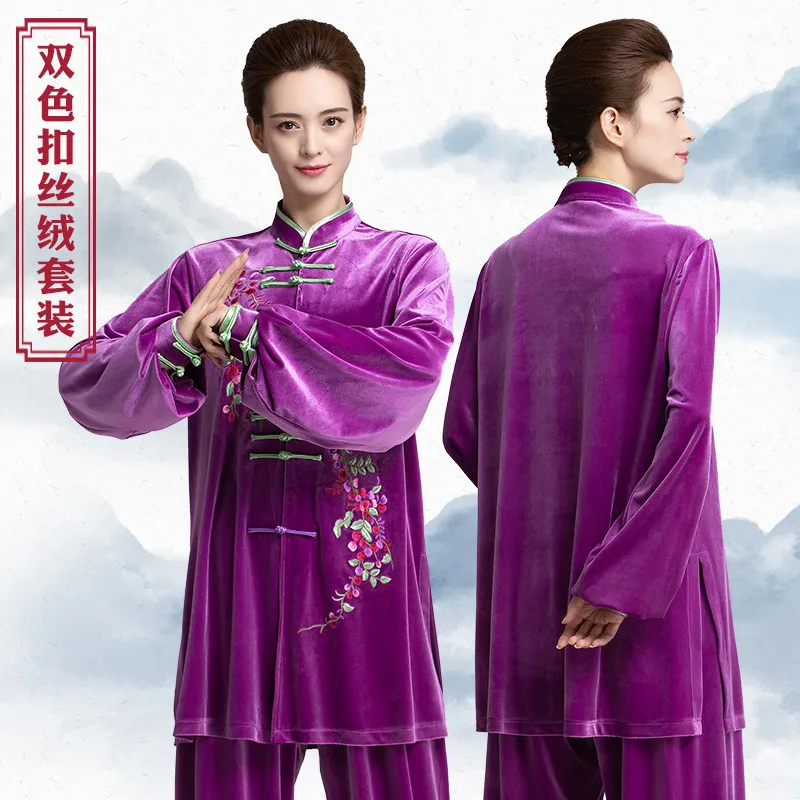 Women's Tai Chi Suit Autumn Winter Velvet Fleece Lined Thickened Warm Martial Arts Performance Training Wear