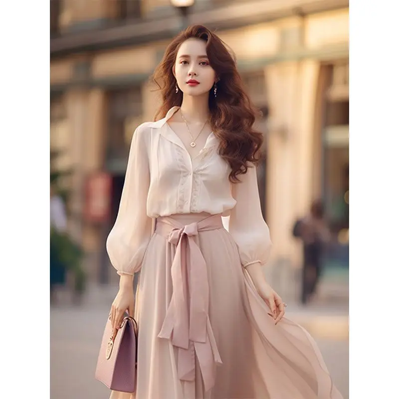 Elegant Retro French Women's Fashion Lace Up Long Sleeved Dress New Spring Sweet Beach Party Pink Women Two Piece Chiffon Dress