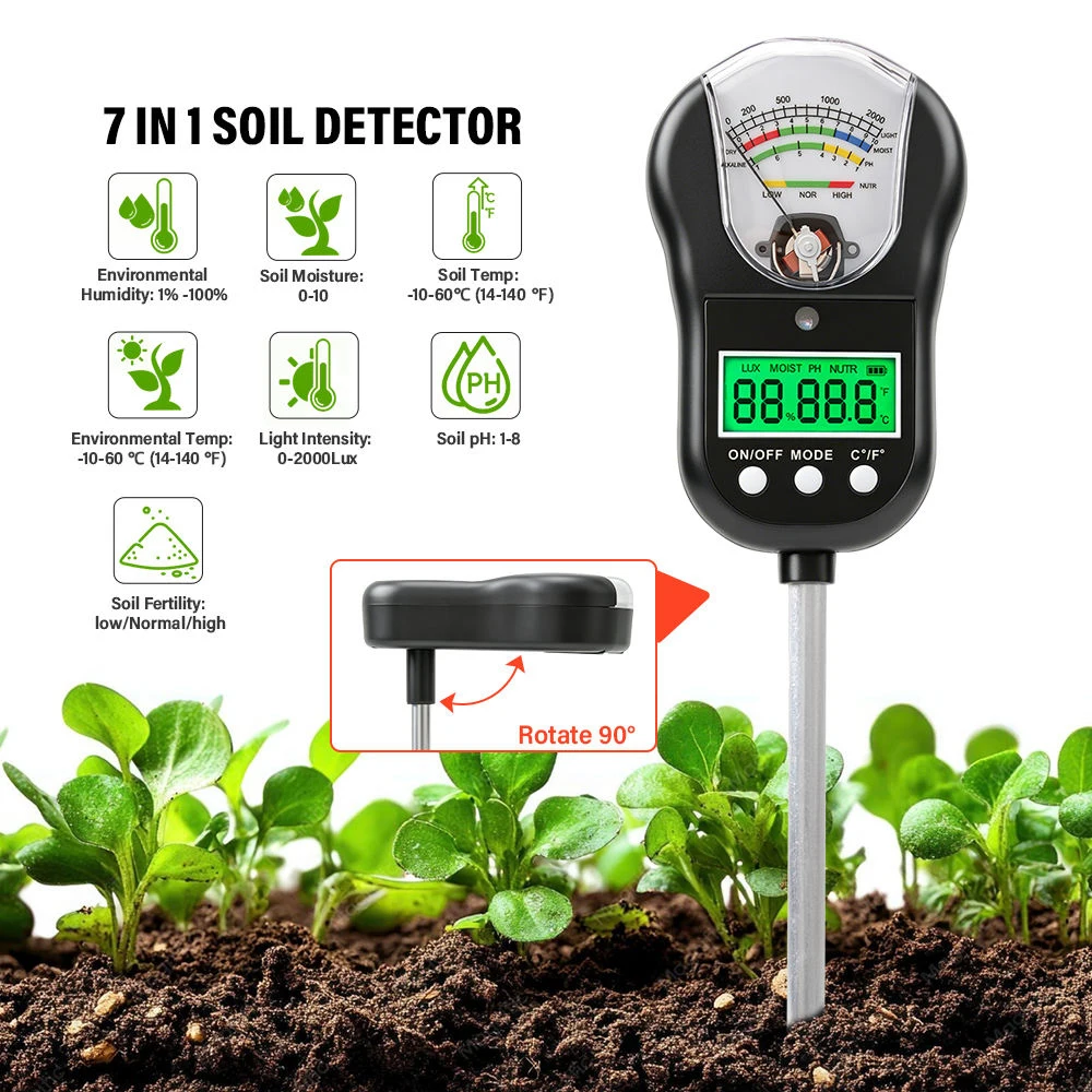 7-in-1 Soil PH Meter Rotatable Soil pH Moisture Temp Fertility Meter Light Intensity Environmental Humidity Temp Meter Soil Test