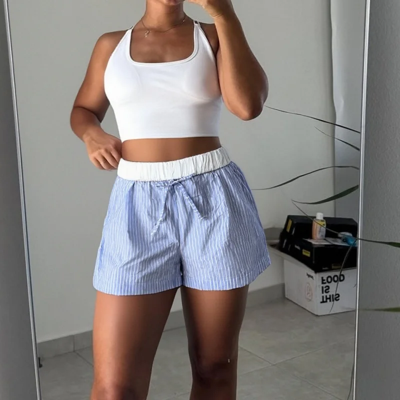 Women Y2k Striped Mini Shorts Pants Elastic Waist Wide Leg Summer Boxers Shorts Going Out Matching Outfits