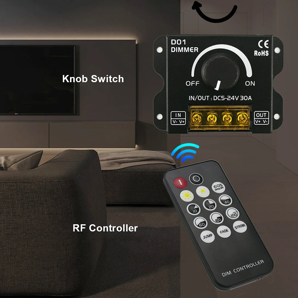 30A LED Strip Light Knob Switch Dimmer with Wireless RF Controller for 5050 SMD COB CCT Tape Lights Stepless Dimming DC5-24V