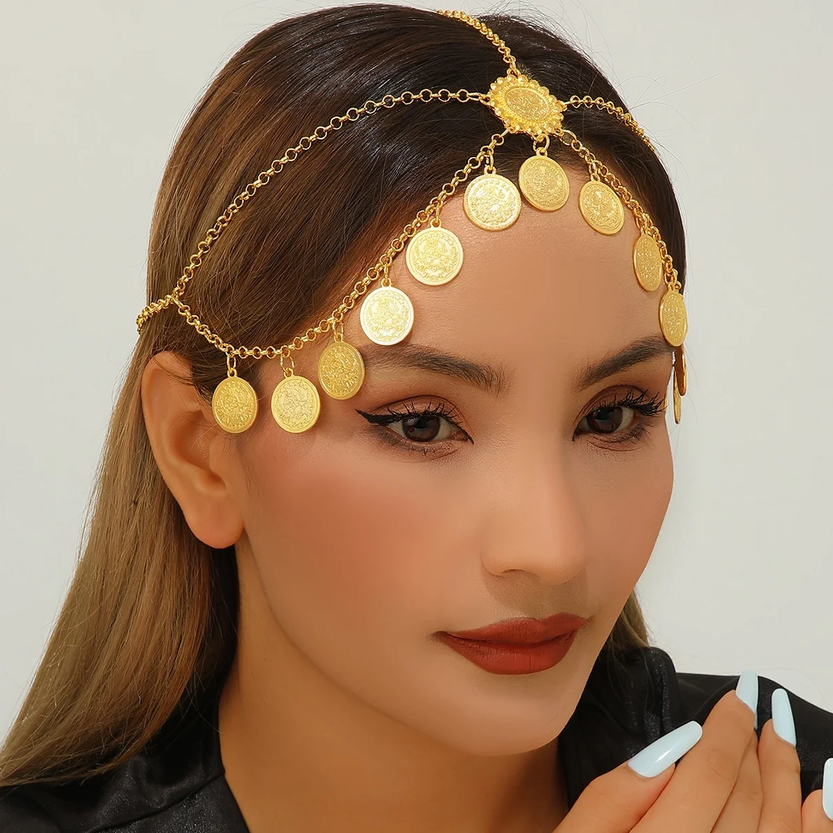 Kurdish Jewelry Egyptian Gold Color Alloy Coin Tassel Head Chain Women's Wedding Party Headpiece Head Jewelry Accessories