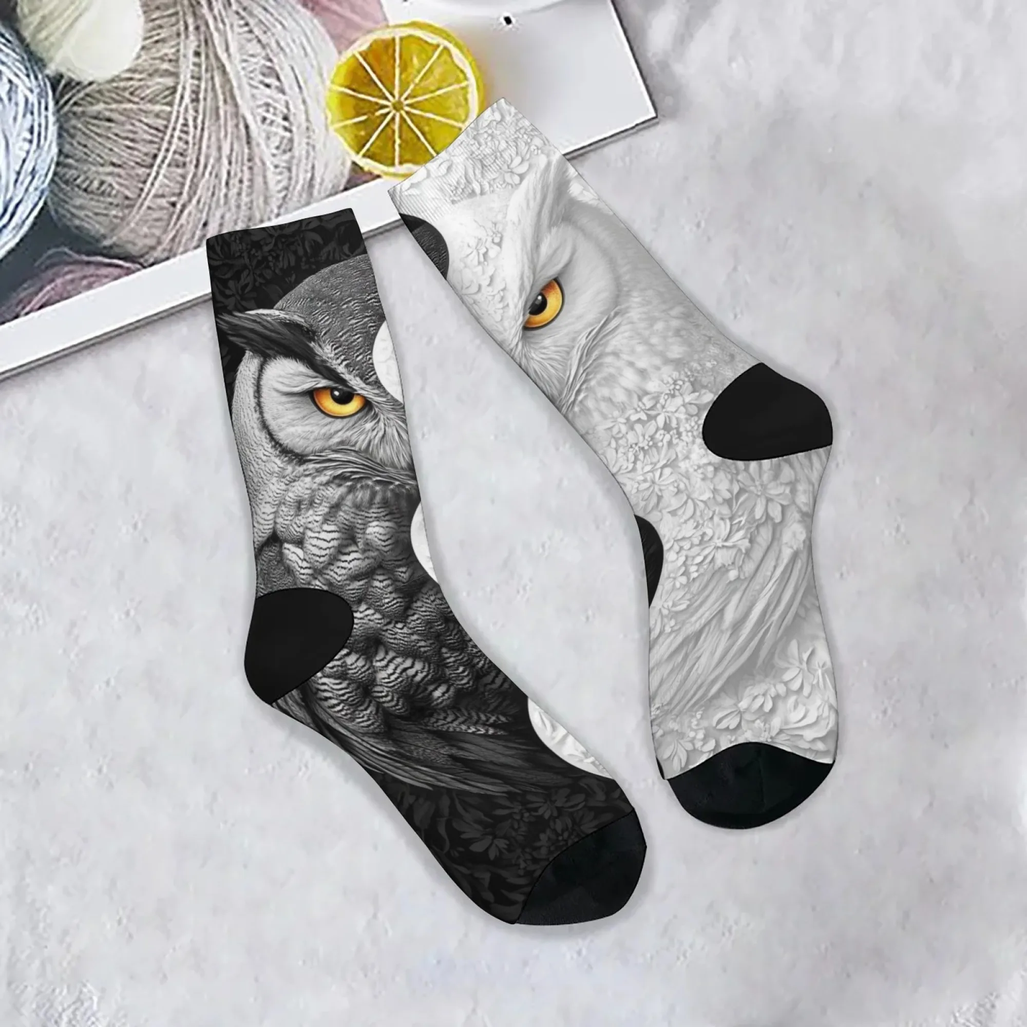흑백 올빼미 남성용 양말 창의적인 예술 디자인 참신하고 재미있는 해피 크루 양말 하라주쿠 레트로 캐주얼 패션 스포츠 양말
