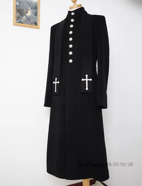 Christian Priest Overcoat Black Long Coat Men Stand Collar Winter Wool Include Scarf