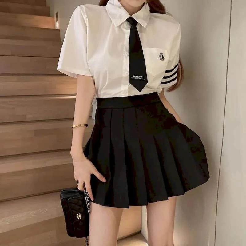 

JK Uniform Summer Japanese Korean Style Suits Dress Women Preppy Style White Short Sleeve Shirt High Waisted Pleated Skirt Set