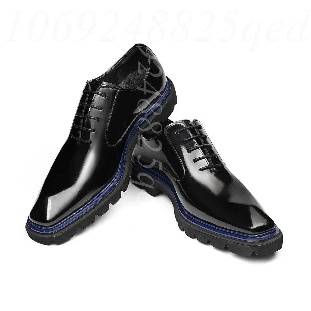 

Glossy Patent Leather Apron Toe Lace Up Shoes Chunky Lug Sole with Orange Edge Accent, Platform Formal Business Dress Footwear
