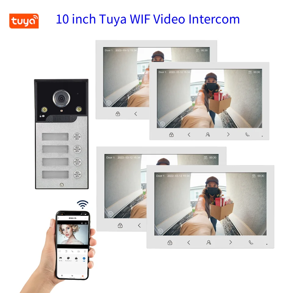 10インチ大画面Tuya WIFIビデオインターホンシステム（2～4世帯用）AHD 1080Pパスワードボード（オプション）ビデオドアホン/ドアベルシステム
