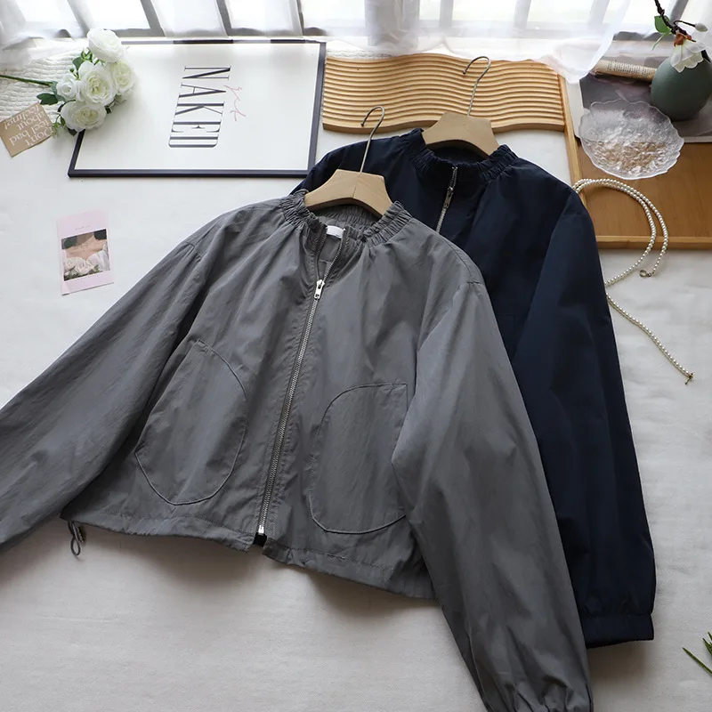 

Корейская модная однотонная короткая куртка с круглым вырезом и длинными рукавами, свободные походные топы, пальто, универсальная повседневная ветровка для путешествий и кемпинга