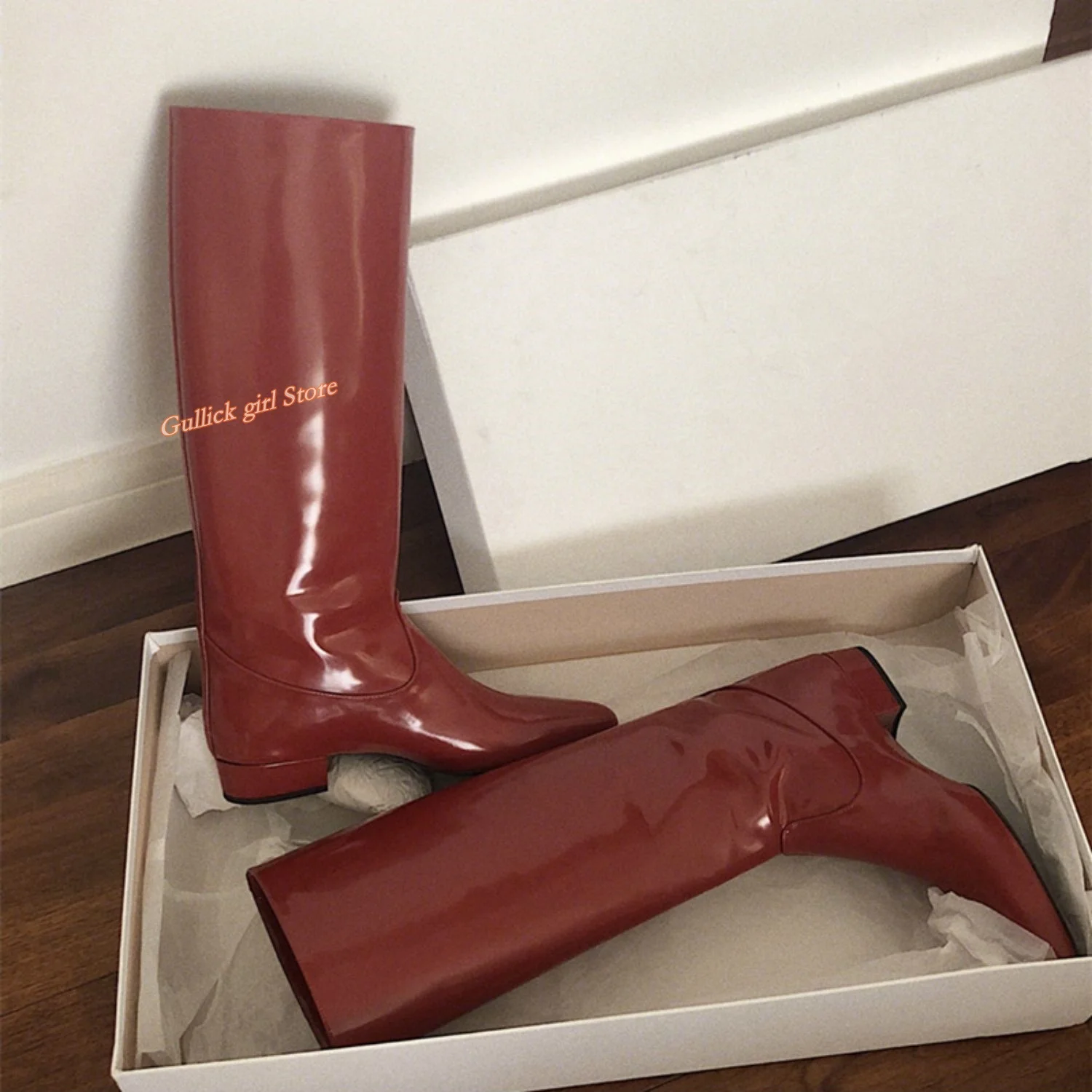 Burgundy Patent Leather Knee High Boots Flat With Slip On Fashion 2024 Autumn Winter Women Dress Shoes Solid Hot Sale