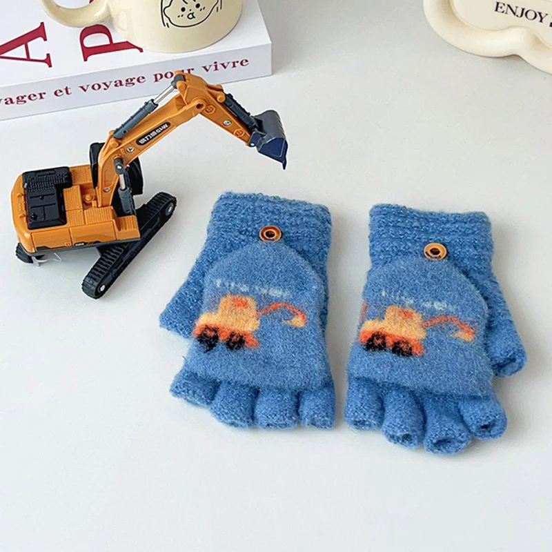 Cute Knitted Boys Children Gloves Winter Warm Mittens Girls Students Full Half Finger Glove Excavator Kids Mitt