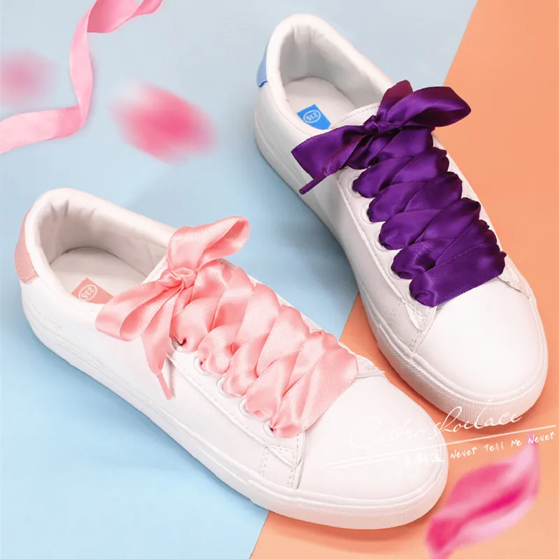 1Pair 30 Colors 2cm Width Satin Silk Ribbon Shoelaces Women High-top Canvas Sneakers White Shoe Laces String 80cm/100cm/120/140