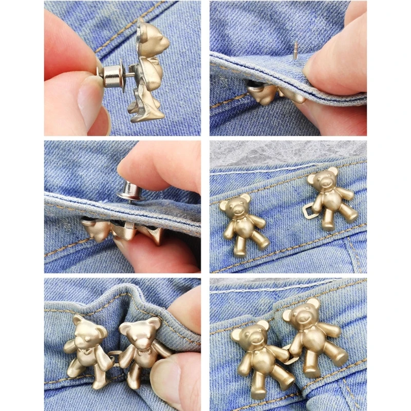 2 pçs destacável urso de metal apertar o botão da cintura para as mulheres saia calça jeans ajustável clipe de cintura pinos de metal