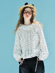 Imakokoni original design round-neck pullover floral long-sleeved top casual loose lace up cotton T-shirt women's 234016